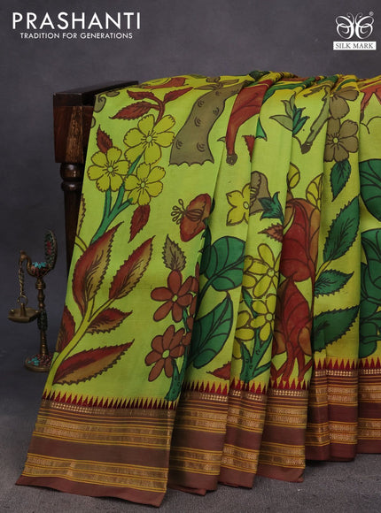 Pure kanchipuram silk saree green and dual shade of maroon with allover hand painted pen kalamkari prints and temple design rettapet zari woven border