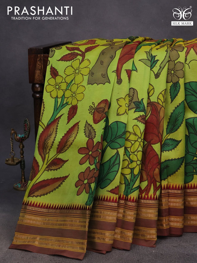 Pure kanchipuram silk saree green and dual shade of maroon with allover hand painted pen kalamkari prints and temple design rettapet zari woven border