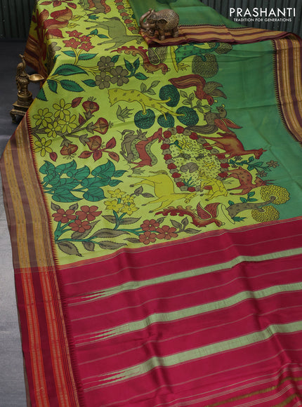 Pure kanchipuram silk saree green and dual shade of maroon with allover hand painted pen kalamkari prints and temple design rettapet zari woven border