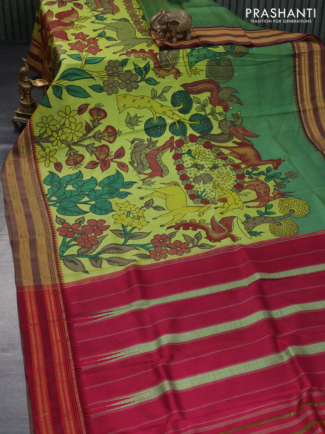 Pure kanchipuram silk saree green and dual shade of maroon with allover hand painted pen kalamkari prints and temple design rettapet zari woven border