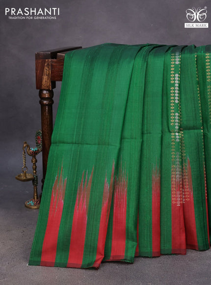 Pure soft silk saree green and maroon with plain body & jute finish and temple design border