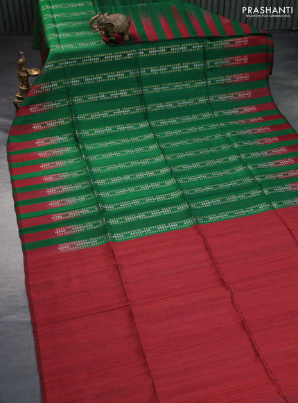 Pure soft silk saree green and maroon with plain body & jute finish and temple design border