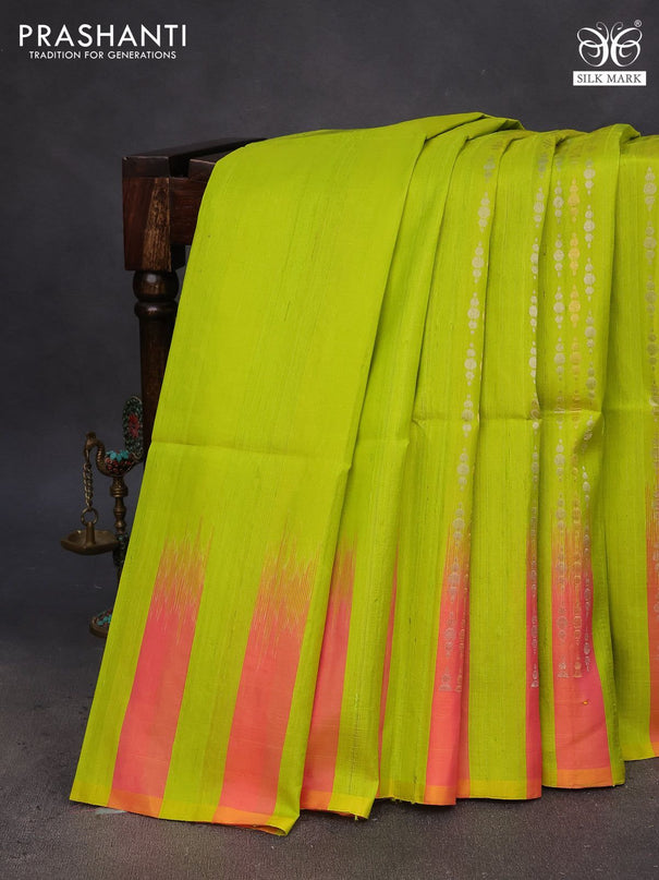 Pure soft silk saree flourescent green and dual shade of peach pink with plain body & jute finish and temple design border