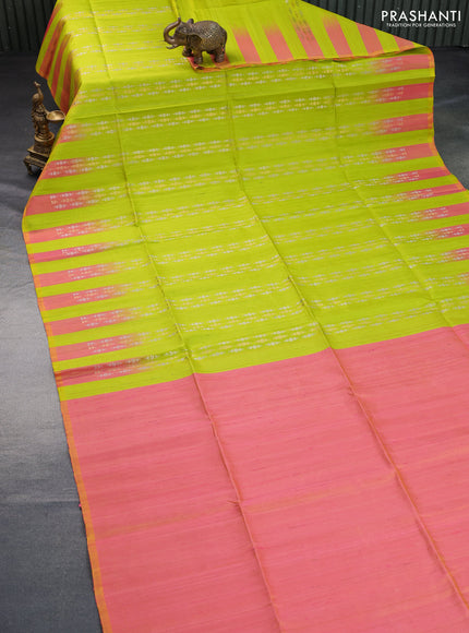 Pure soft silk saree flourescent green and dual shade of peach pink with plain body & jute finish and temple design border