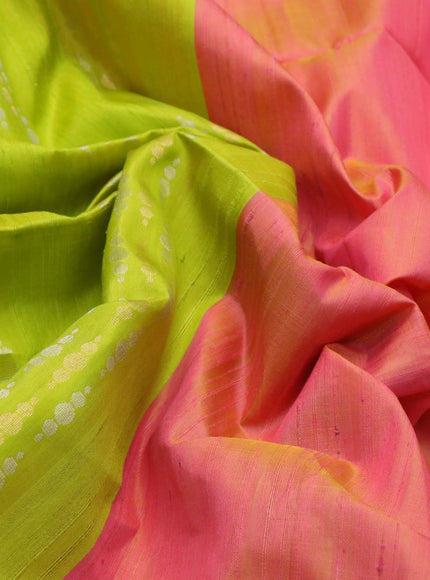 Pure soft silk saree flourescent green and dual shade of peach pink with plain body & jute finish and temple design border