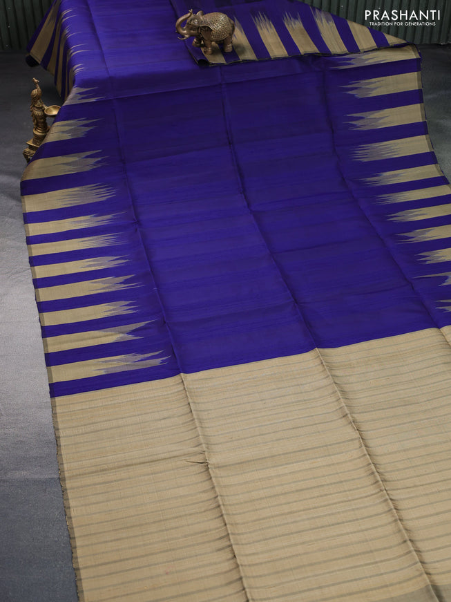 Pure soft silk saree dark blue and elaichi green with plain body & jute finish and temple design border