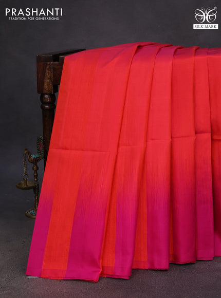 Pure soft silk saree orange and magenta pink with plain body & jute finish and temple design border