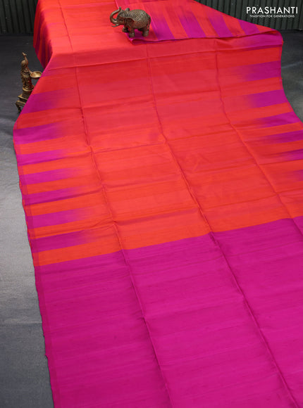 Pure soft silk saree orange and magenta pink with plain body & jute finish and temple design border