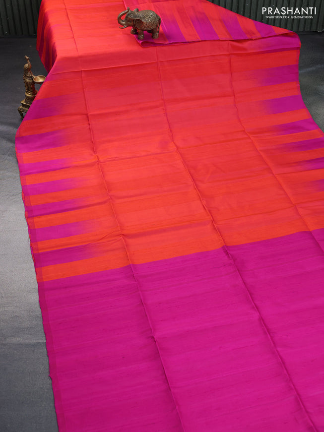 Pure soft silk saree orange and magenta pink with plain body & jute finish and temple design border