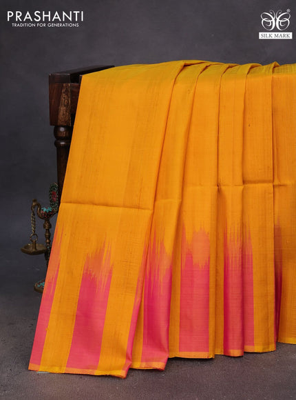 Pure soft silk saree yellow and dual shade of pinkish yellow with plain body & jute finish and temple design border