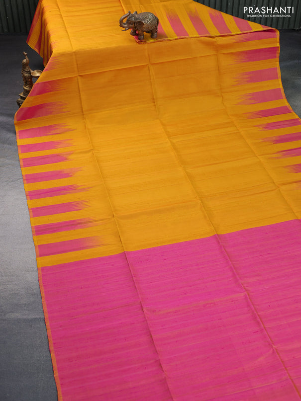 Pure soft silk saree yellow and dual shade of pinkish yellow with plain body & jute finish and temple design border