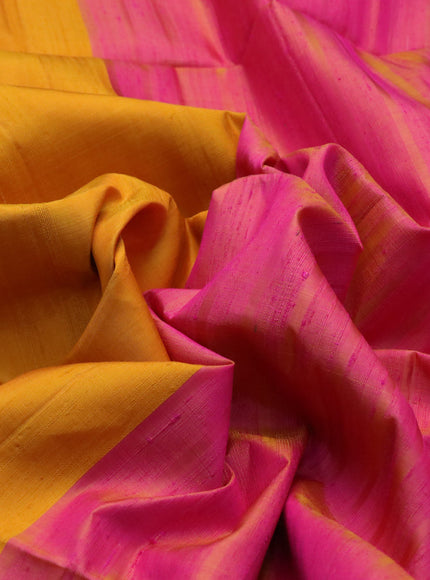 Pure soft silk saree yellow and dual shade of pinkish yellow with plain body & jute finish and temple design border