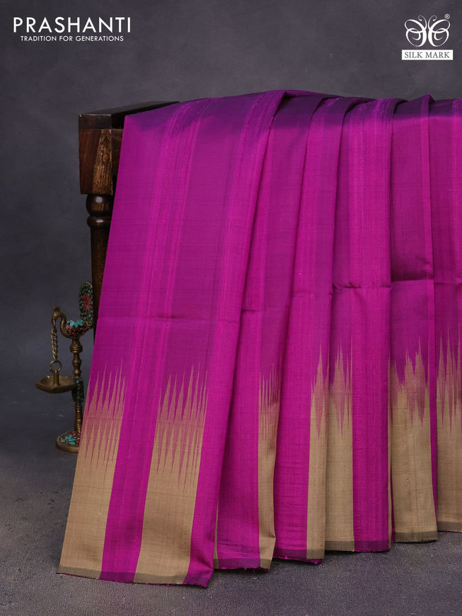 Pure soft silk saree purple and elaichi green with plain body & jute finish and temple design border