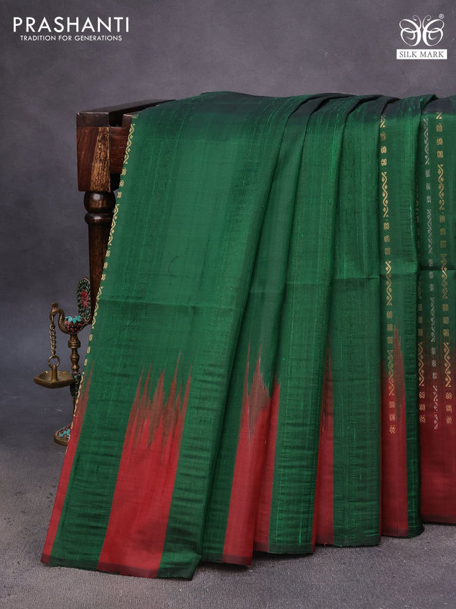 Pure soft silk saree dark green and maroon with silver & gold zari weaves and temple design border