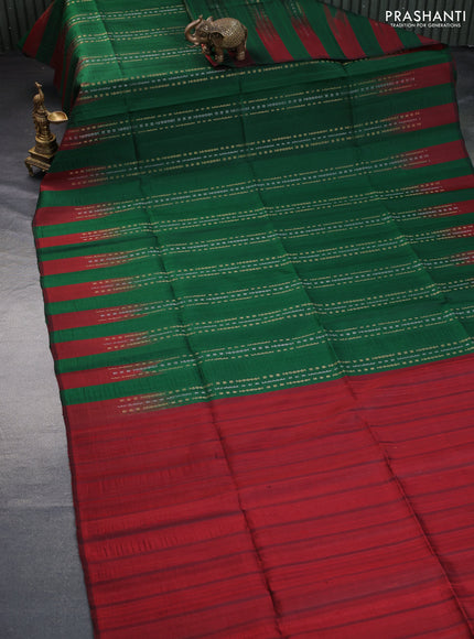 Pure soft silk saree dark green and maroon with silver & gold zari weaves and temple design border