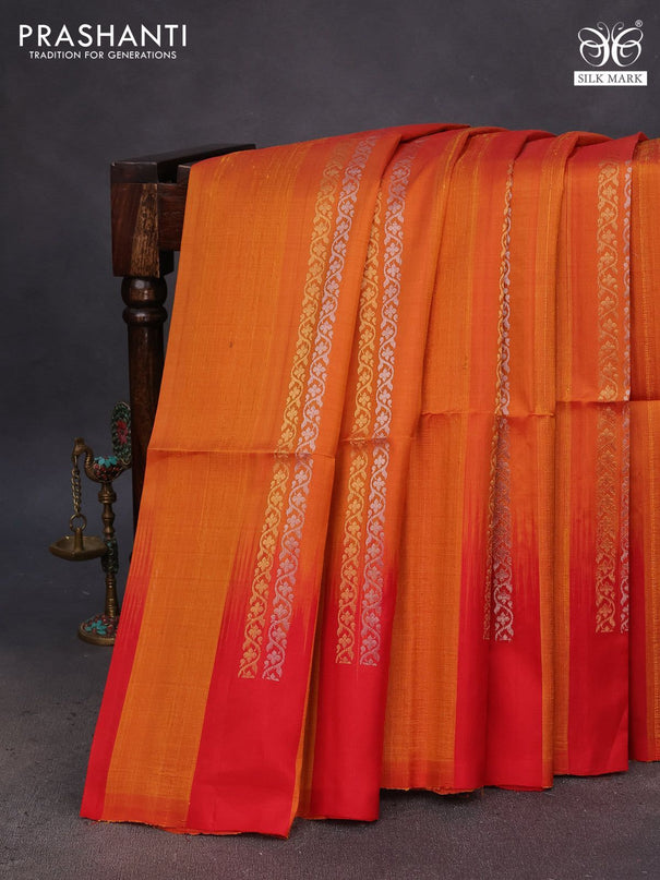 Pure soft silk saree dark mustard and red with silver & gold zari weaves and temple design border