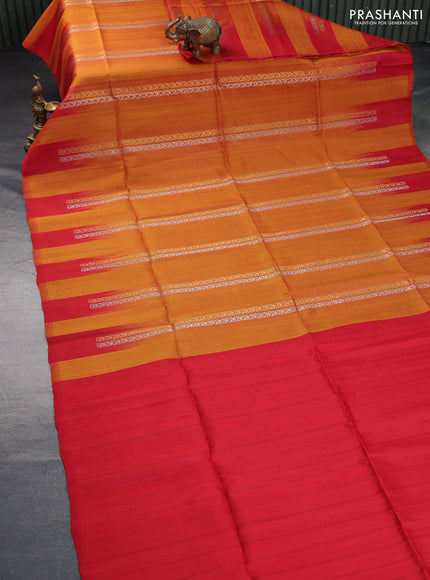 Pure soft silk saree dark mustard and red with silver & gold zari weaves and temple design border