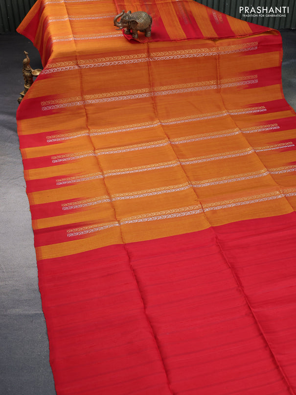 Pure soft silk saree dark mustard and red with silver & gold zari weaves and temple design border