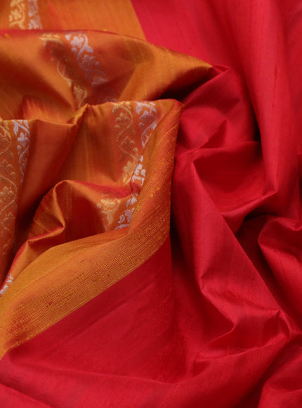 Pure soft silk saree dark mustard and red with silver & gold zari weaves and temple design border