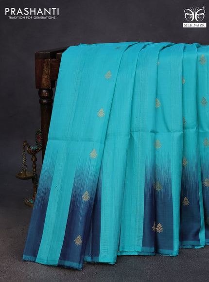 Pure soft silk saree teal blue and dual shade of blue with zari buttas & jute finish and temple design border