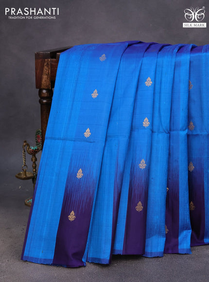 Pure soft silk saree cs blue and dark blue with zari buttas & jute finish and temple design border