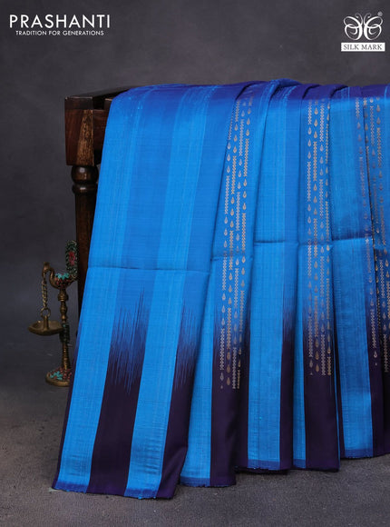 Pure soft silk saree cs blue and dark blue with allover zari weaves & jute finish and temple design border