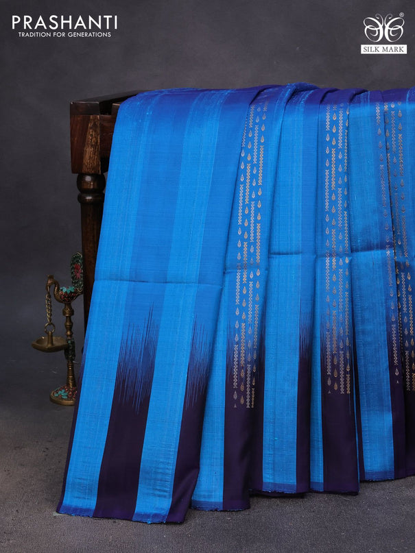 Pure soft silk saree cs blue and dark blue with allover zari weaves & jute finish and temple design border