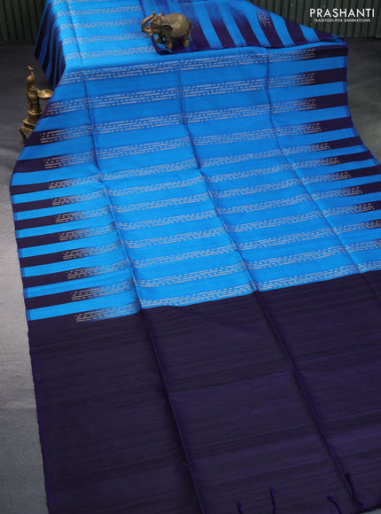 Pure soft silk saree cs blue and dark blue with allover zari weaves & jute finish and temple design border