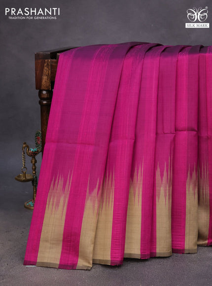 Pure soft silk saree dark magenta pink and grey with plain body & jute finish and temple design border