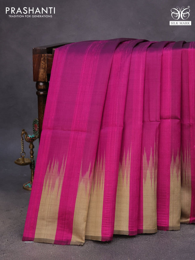 Pure soft silk saree dark magenta pink and grey with plain body & jute finish and temple design border