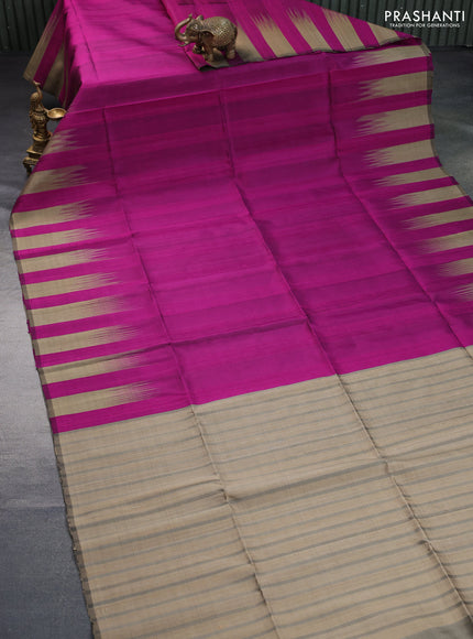 Pure soft silk saree dark magenta pink and grey with plain body & jute finish and temple design border