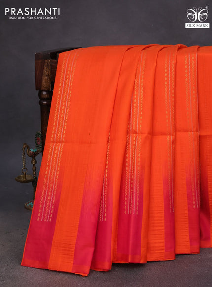 Pure soft silk saree orange and dual shade of pink with allover zari weaves & jute finish and temple design border