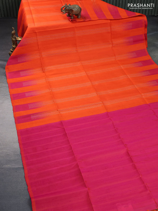 Pure soft silk saree orange and dual shade of pink with allover zari weaves & jute finish and temple design border