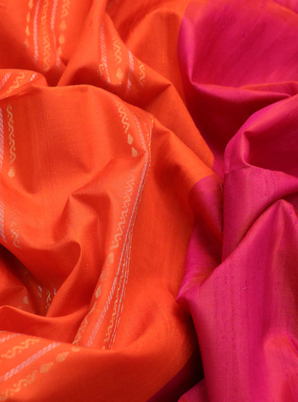 Pure soft silk saree orange and dual shade of pink with allover zari weaves & jute finish and temple design border