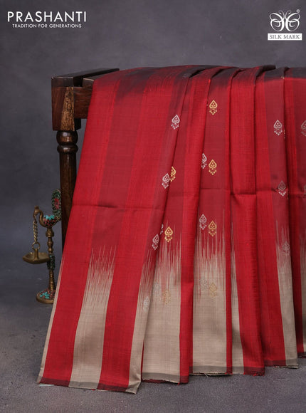 Pure soft silk saree maroon and grey with zari woven buttas & jute finish and temple design border