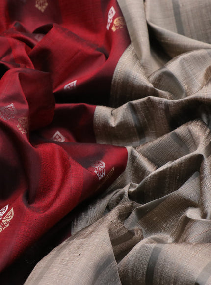 Pure soft silk saree maroon and grey with zari woven buttas & jute finish and temple design border