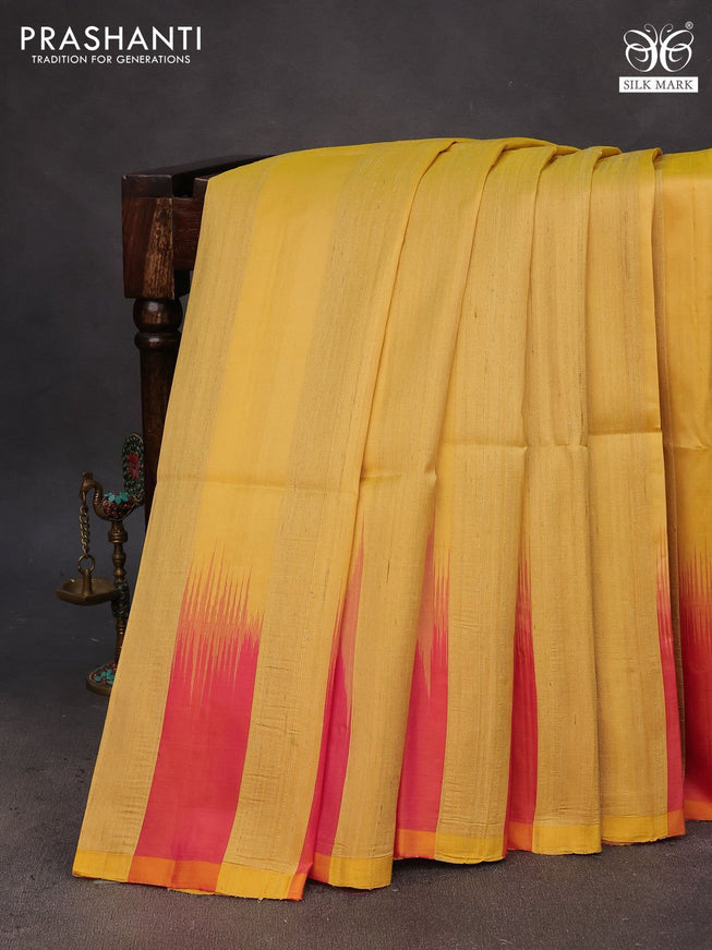 Pure soft silk saree yellow and dual shade of pink with plain body & jute finish and temple design border