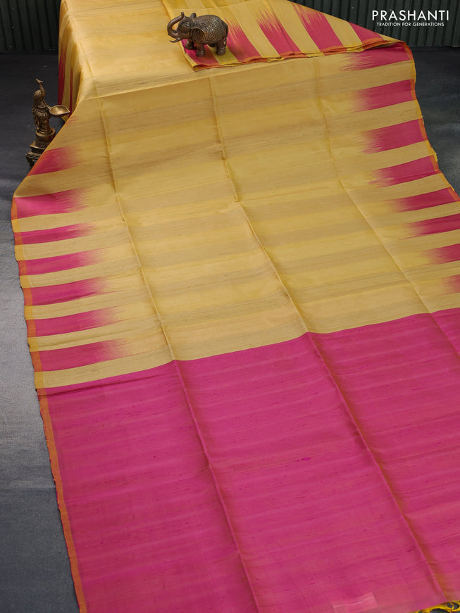 Pure soft silk saree yellow and dual shade of pink with plain body & jute finish and temple design border