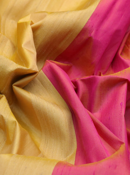 Pure soft silk saree yellow and dual shade of pink with plain body & jute finish and temple design border