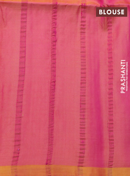 Pure soft silk saree yellow and dual shade of pink with plain body & jute finish and temple design border