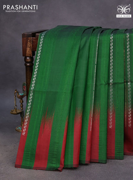 Pure soft silk saree green and maroon with allover zari weaves & jute finish and temple design border