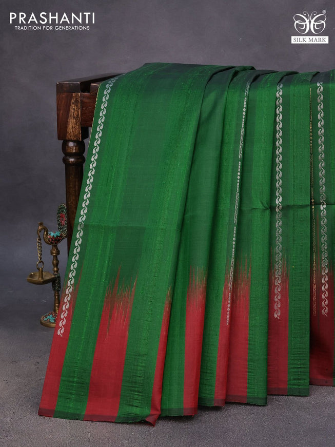 Pure soft silk saree green and maroon with allover zari weaves & jute finish and temple design border