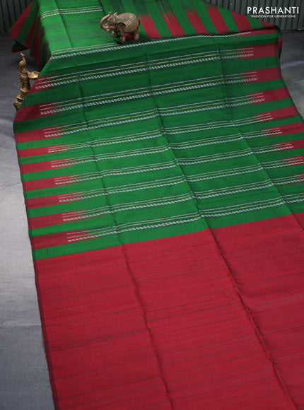 Pure soft silk saree green and maroon with allover zari weaves & jute finish and temple design border