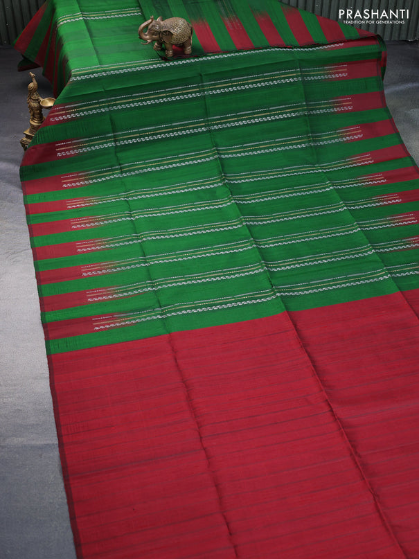 Pure soft silk saree green and maroon with allover zari weaves & jute finish and temple design border