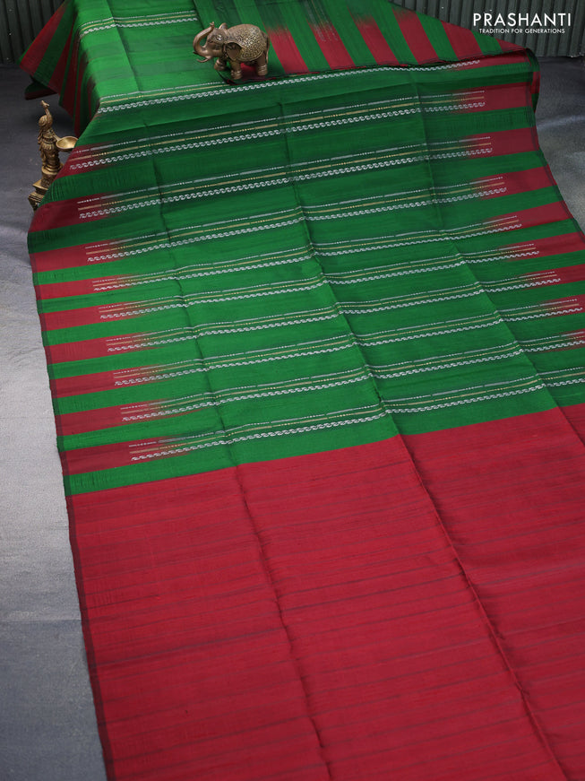 Pure soft silk saree green and maroon with allover zari weaves & jute finish and temple design border