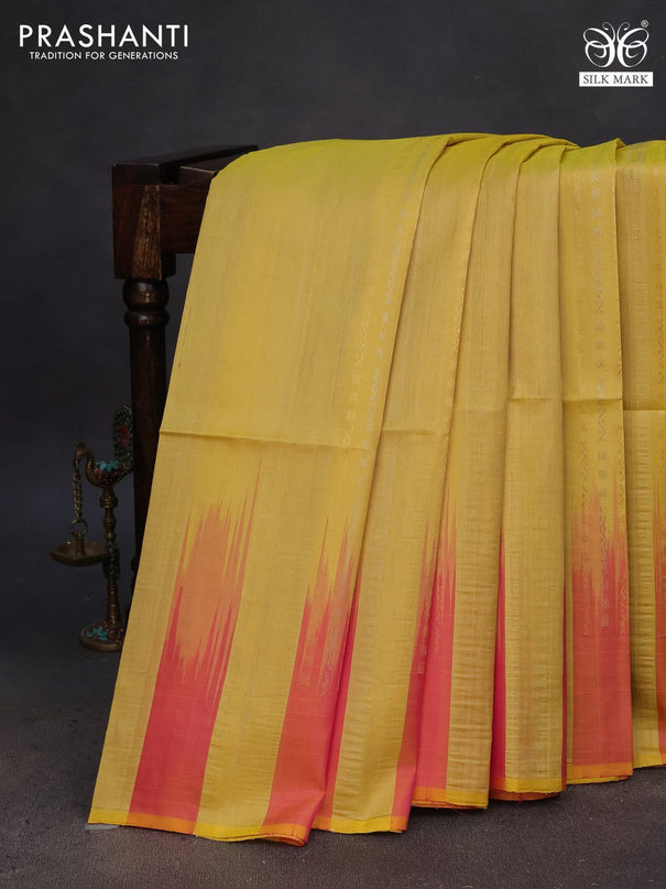 Pure soft silk saree yellow and dual shade of pinkish yellow with allover zari weaves & jute finish and temple design border