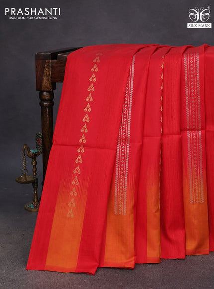 Pure soft silk saree red and dual shade of mustard with allover zari weaves & jute finish and temple design border