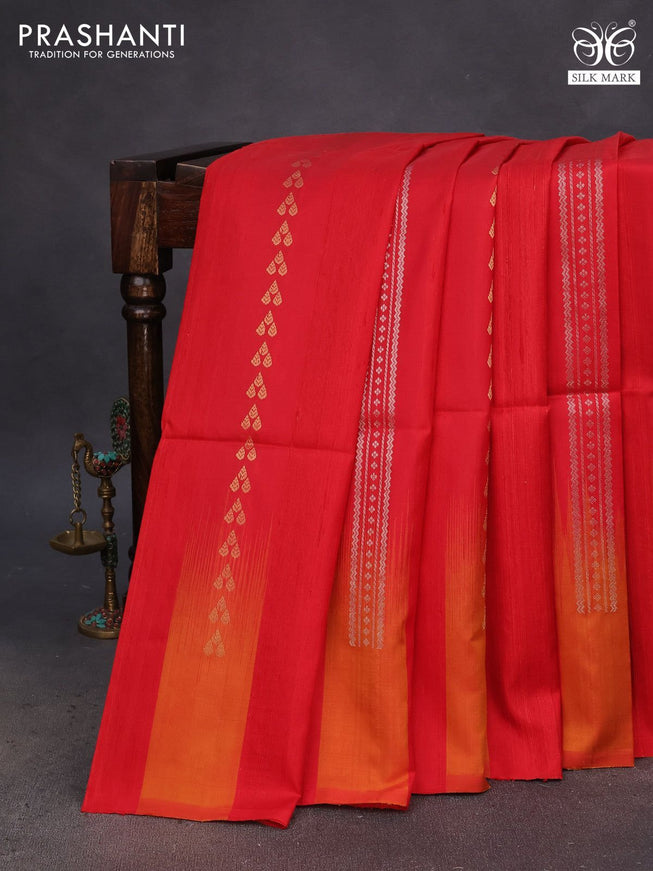 Pure soft silk saree red and dual shade of mustard with allover zari weaves & jute finish and temple design border