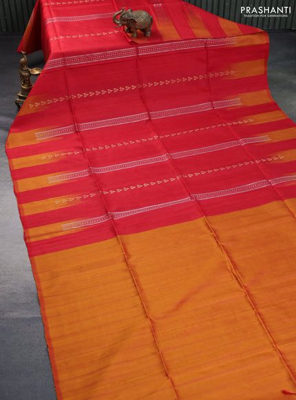 Pure soft silk saree red and dual shade of mustard with allover zari weaves & jute finish and temple design border