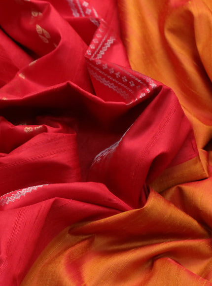 Pure soft silk saree red and dual shade of mustard with allover zari weaves & jute finish and temple design border